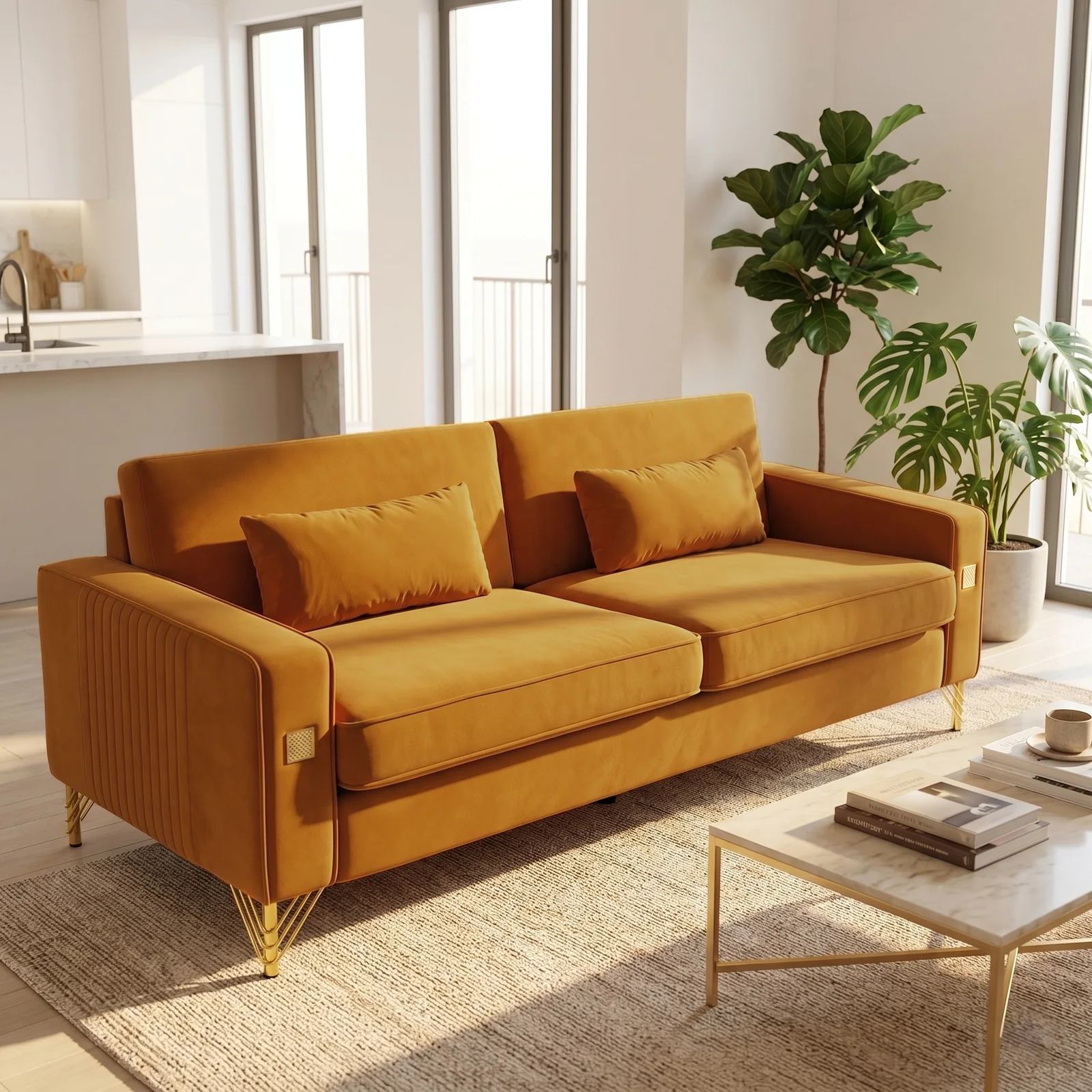 FX-P18-OR(SOFA)Luxury Velvet Sofa with Gold Accents - Modern 3-Seat Couch with Plush Cushions, Perfect for Living Room and Office Decor