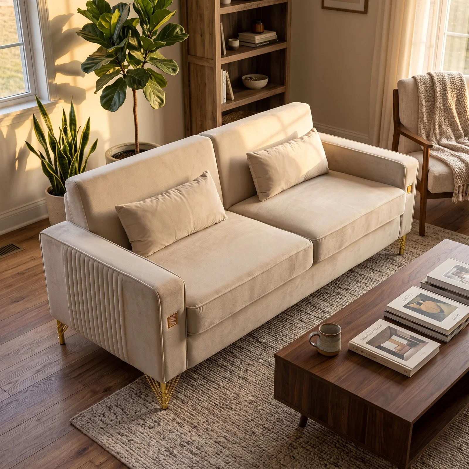 FX-P18-BE(SOFA)Modern Beige Sofa Couch for Living Room, 85.83" Upholstered 3-Seater Sofa with Metal Legs & Pillows, Minimalist Style