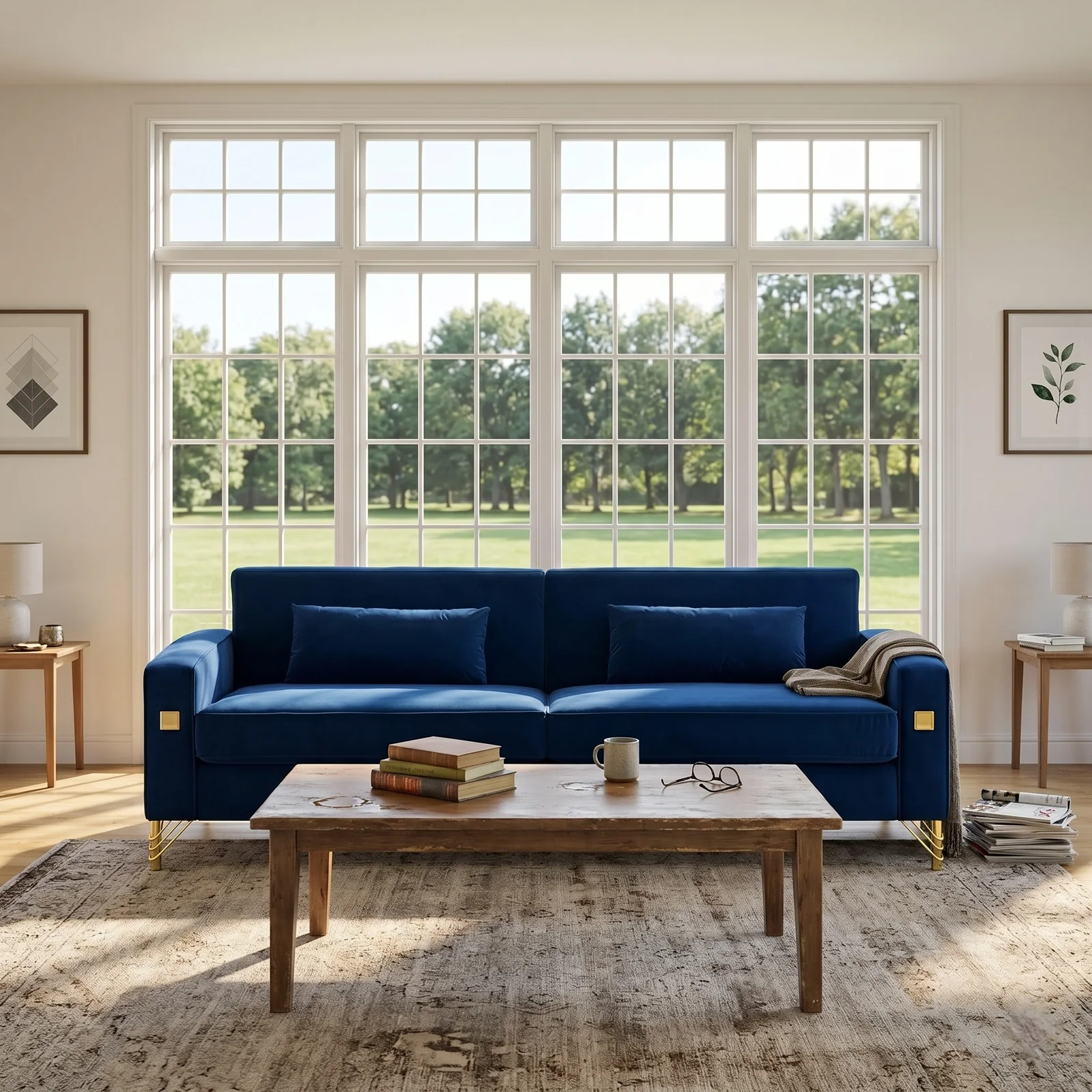 FX-P18-RB(SOFA)Luxury Velvet Sofa with Gold Accents - Modern 3-Seat Couch with Plush Cushions, Perfect for Living Room and Office Decor