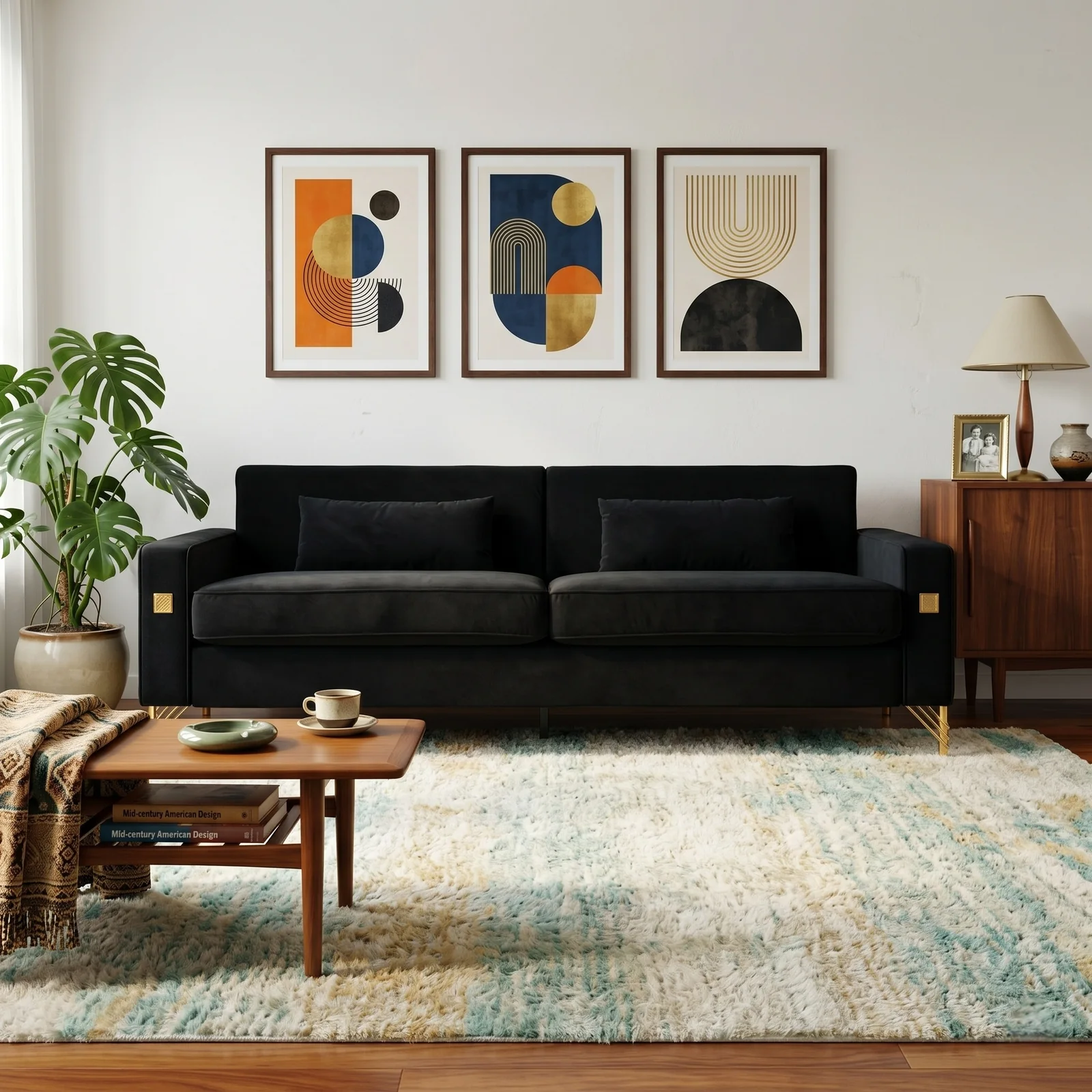 FX-P18-BK(sofa)Luxury Velvet Sofa with Gold Accents - Modern 3-Seat Couch with Plush Cushions, Perfect for Living Room and Office Decor