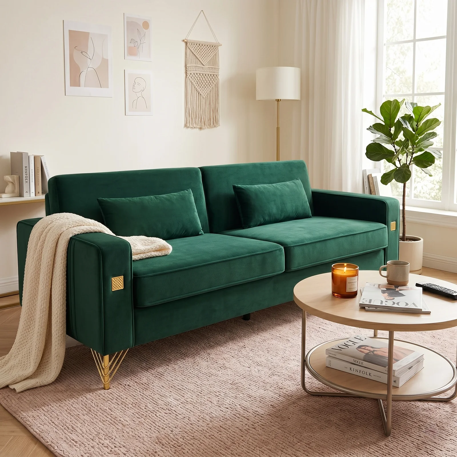 FX-P18-RG2(SOFA) Luxury Emerald Green Velvet Sofa with Gold Accents - Modern 3-Seat Couch with Plush Cushions, Perfect for Living Room and Office Decor