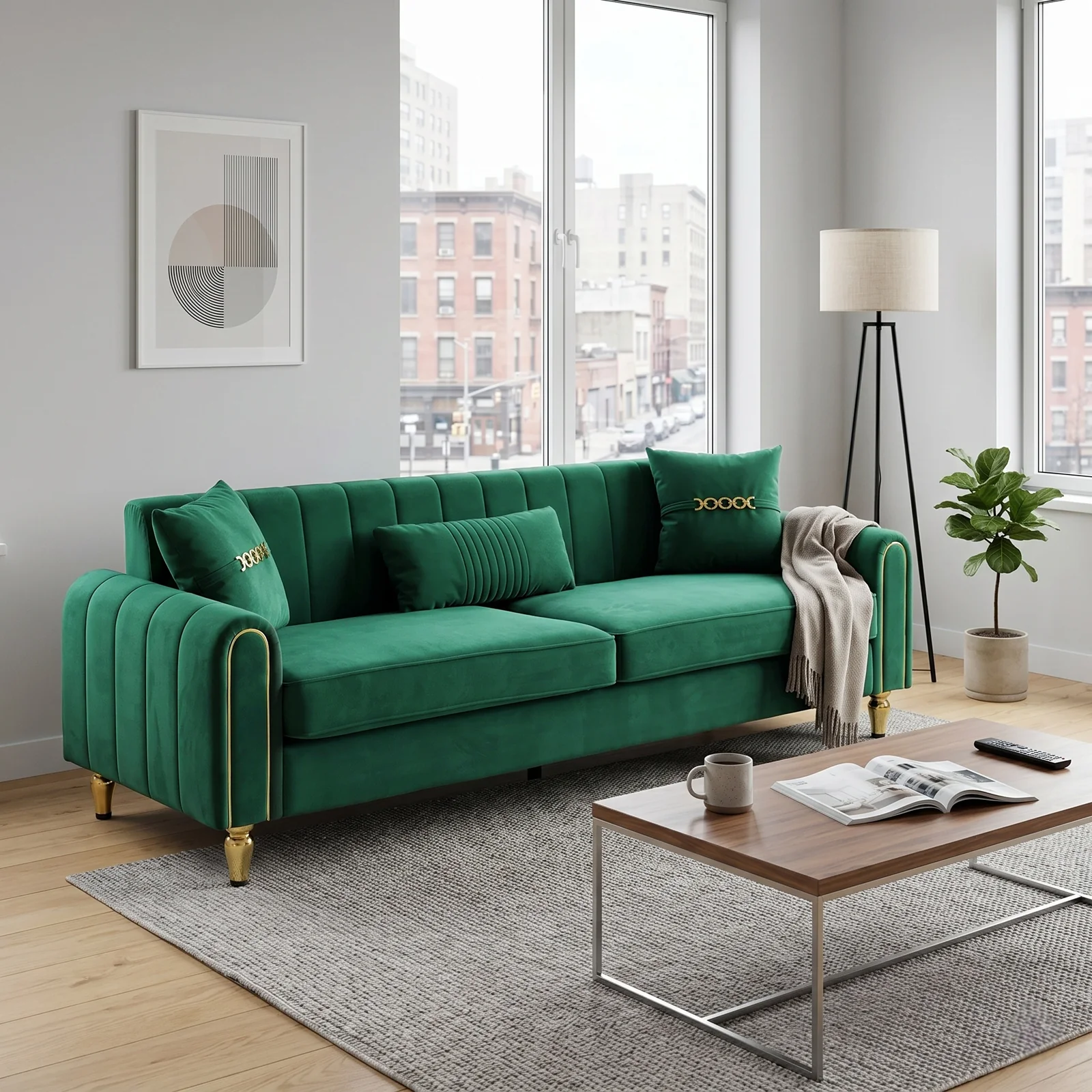 FX-P11-GR (SOFA)87.4 Inches Contemporary Upholstered Sofa Couch, 3 Seater Sofa with Plush Cushions & Pillows, Comfortable Pocket Spring Support, Modern Living R