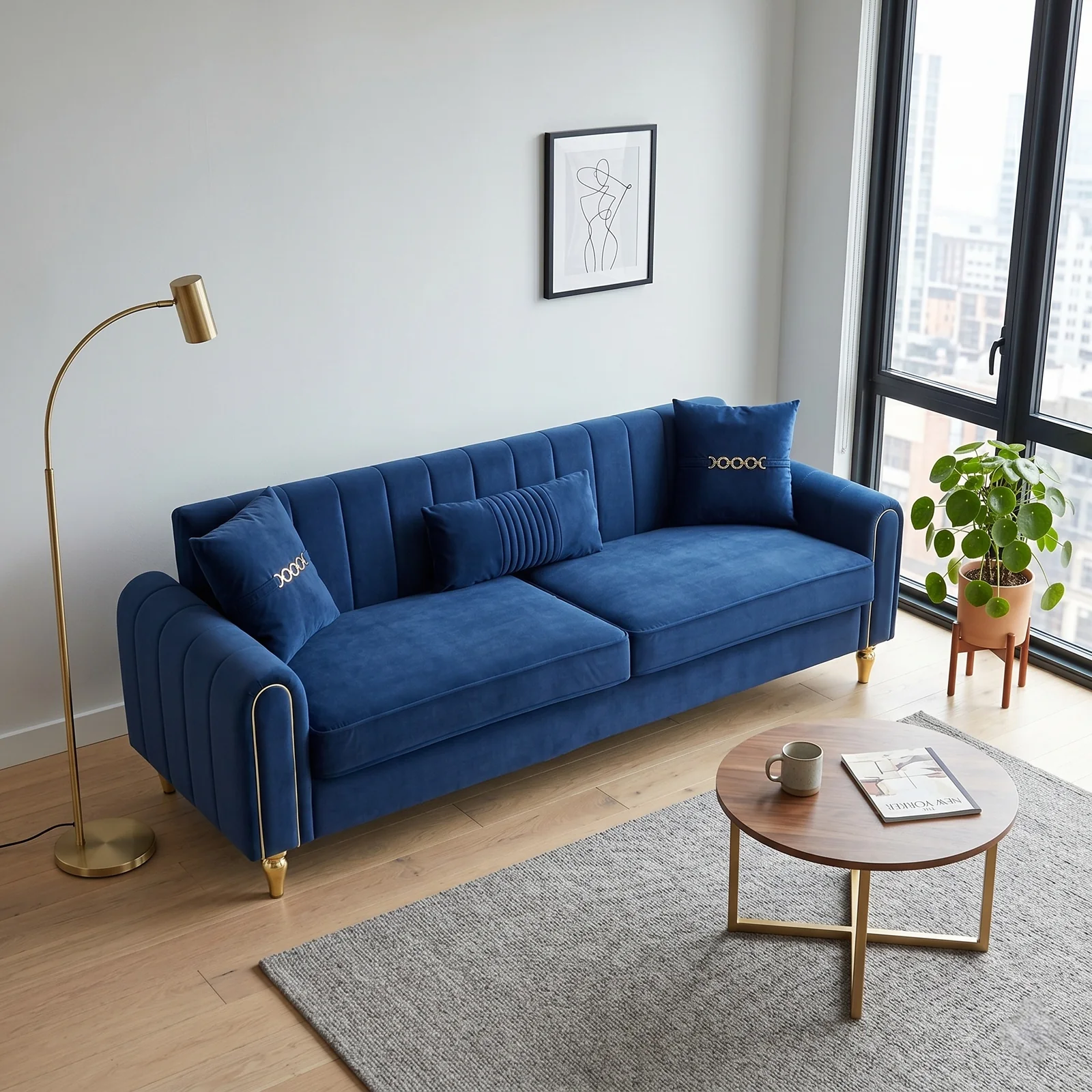 FX-P11-RB (SOFA)87.4 Inches Upholstered Sofa Couch, Comfortable 3 Seater Sofa with Throw Pillows & Lumbar Pillow, Modern Design, Durable Metal Legs for Living R